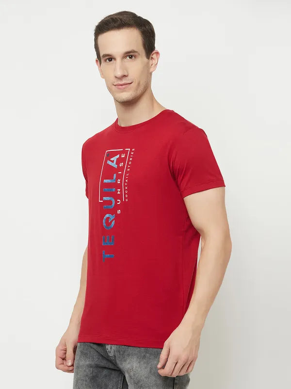 Octave Men Maroon Typography Printed Applique T-Shirt
