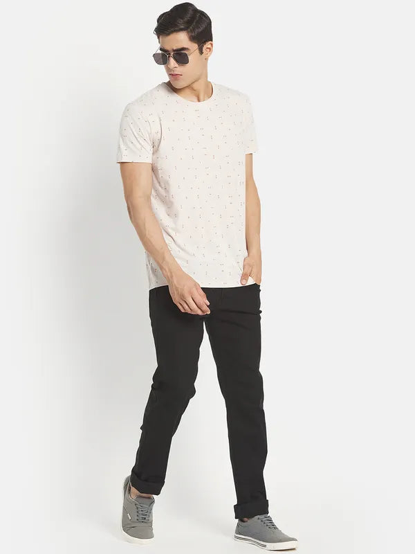 Men Cream-Coloured Typography Printed Cotton T-Shirt