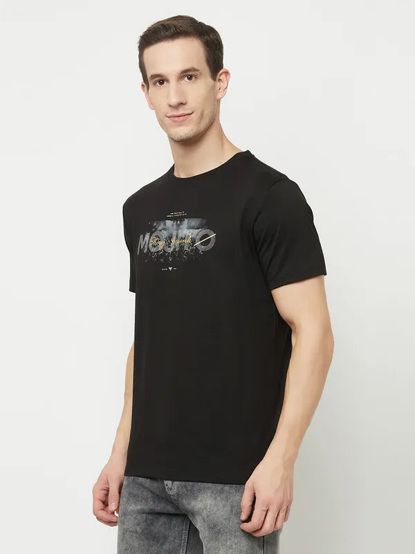 Octave Men Black Printed Raw Edge T-Shirt
