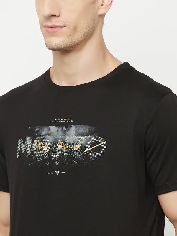 Octave Men Black Printed Raw Edge T-Shirt