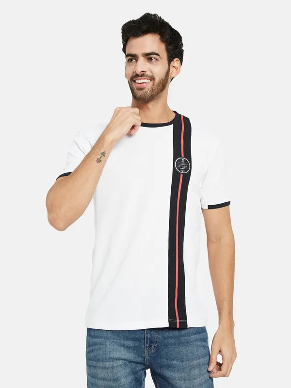Octave Men White Striped Applique T-Shirt