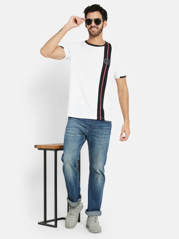 Octave Men White Striped Applique T-Shirt