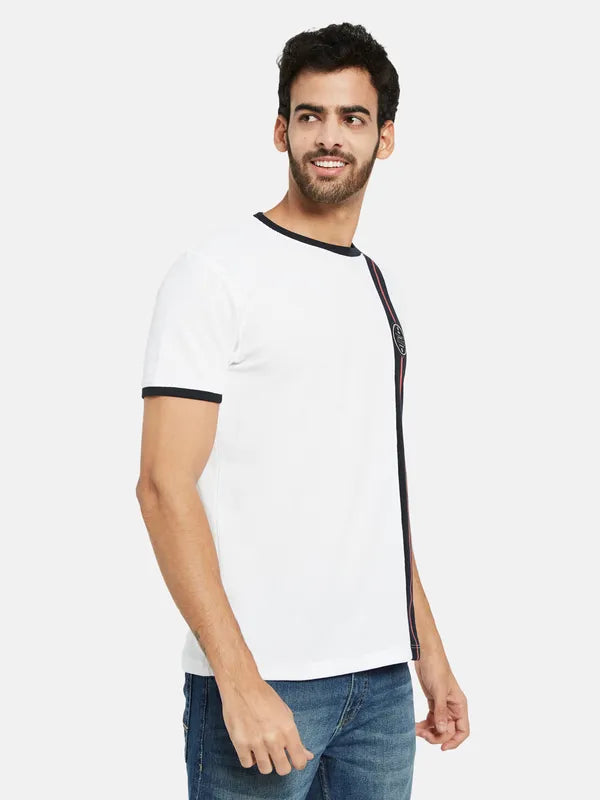 Octave Men White Striped Applique T-Shirt