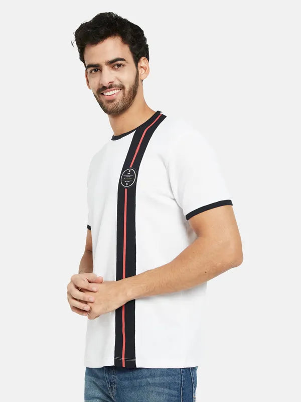 Octave Men White Striped Applique T-Shirt