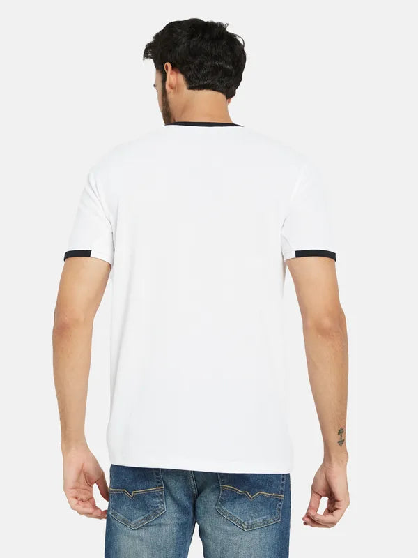 Octave Men White Striped Applique T-Shirt