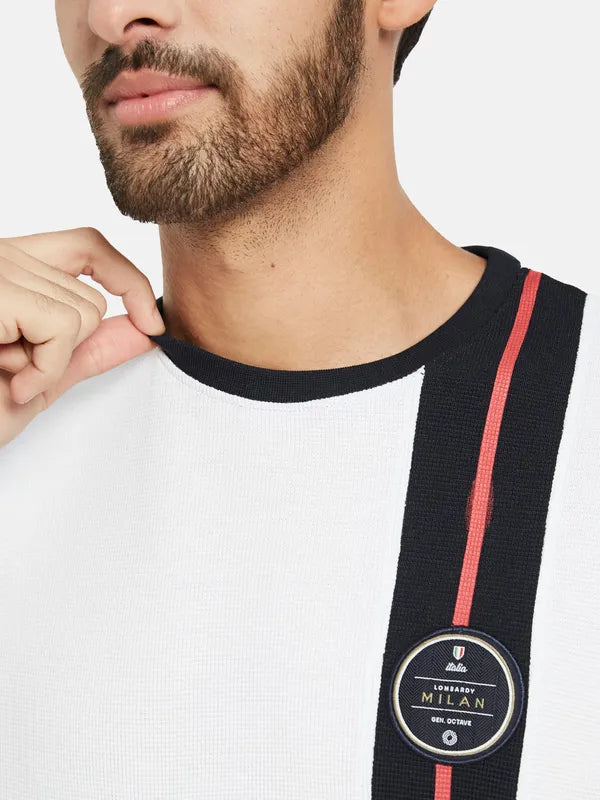 Octave Men White Striped Applique T-Shirt
