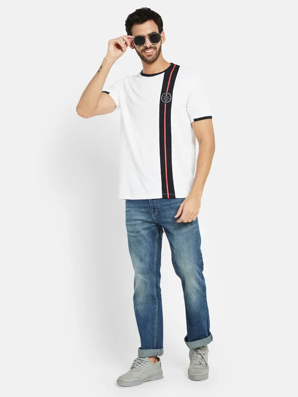 Octave Men White Striped Applique T-Shirt