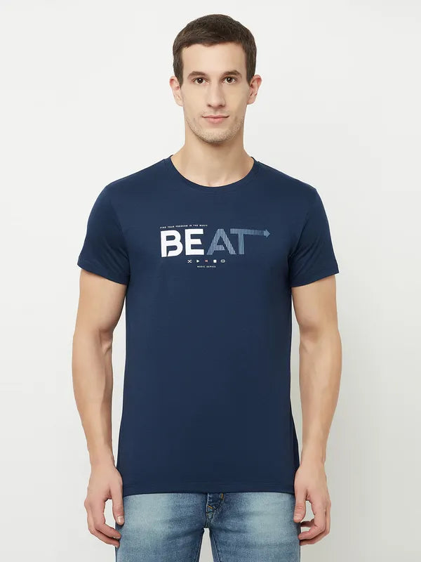 Octave Men Blue Poseidon Typography Printed Applique T-Shirt