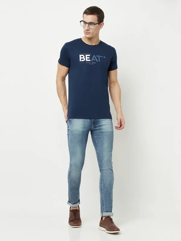 Octave Men Blue Poseidon Typography Printed Applique T-Shirt