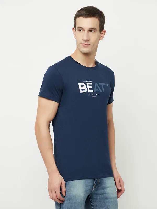 Octave Men Blue Poseidon Typography Printed Applique T-Shirt