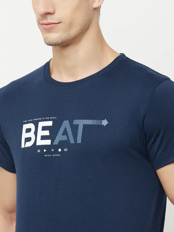 Octave Men Blue Poseidon Typography Printed Applique T-Shirt