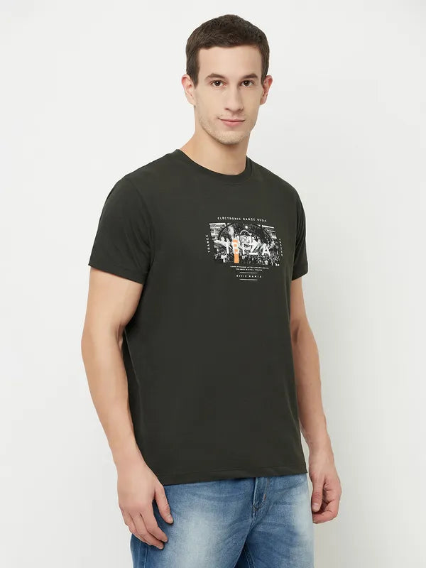 Octave Men Olive Green Printed Applique T-Shirt