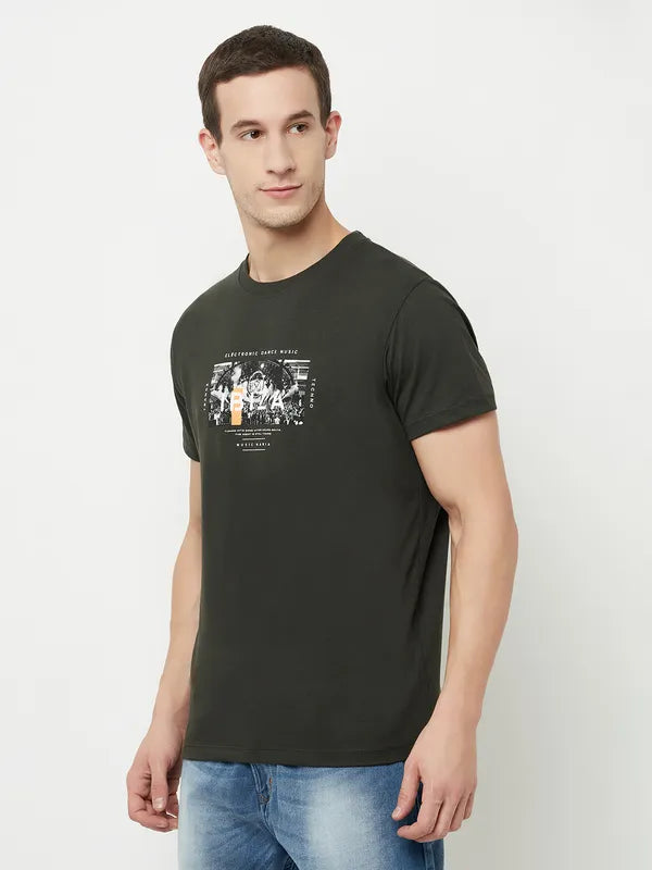Octave Men Olive Green Dark Charcoal Printed Applique T-Shirt