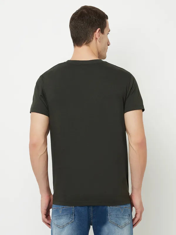 Octave Men Olive Green Dark Charcoal Printed Applique T-Shirt