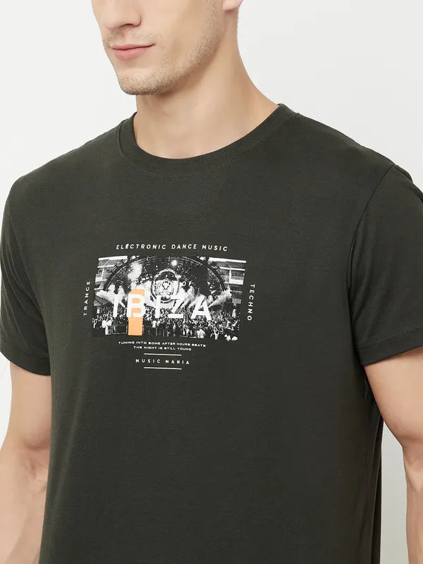 Octave Men Olive Green Dark Charcoal Printed Applique T-Shirt