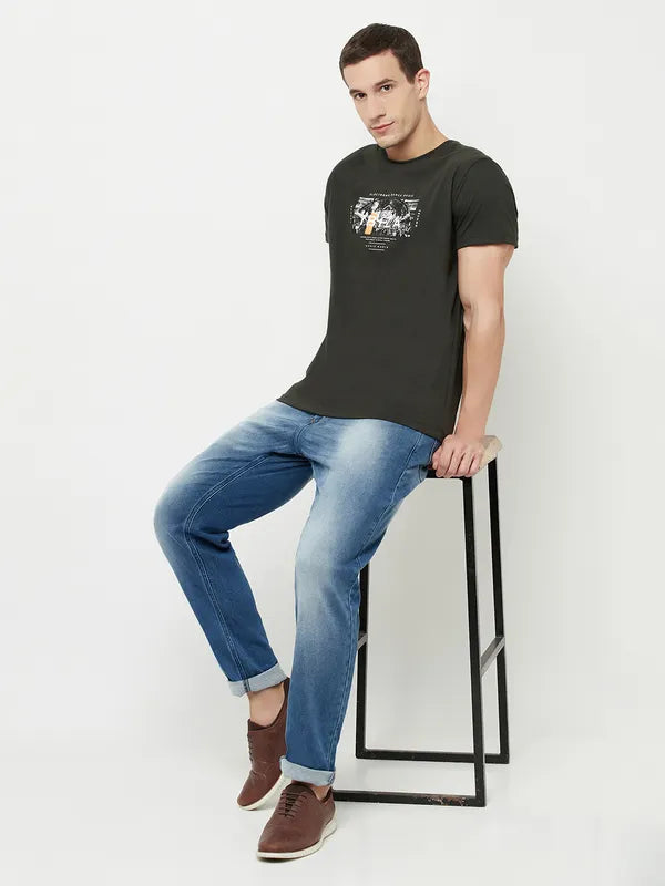 Octave Men Olive Green Dark Charcoal Printed Applique T-Shirt