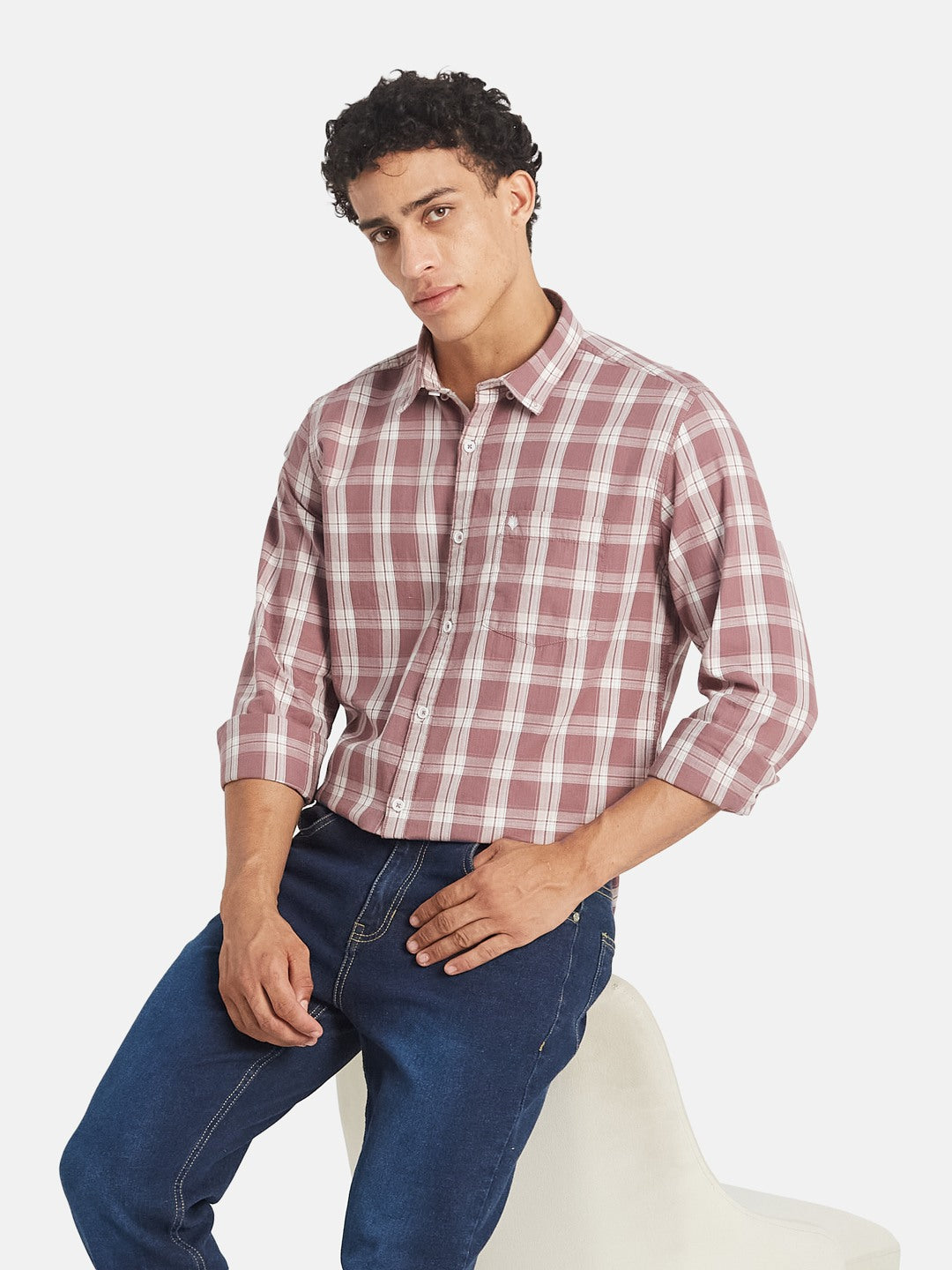 METTLE SS25 Checked Spread Collar Cotton Casual Shirt