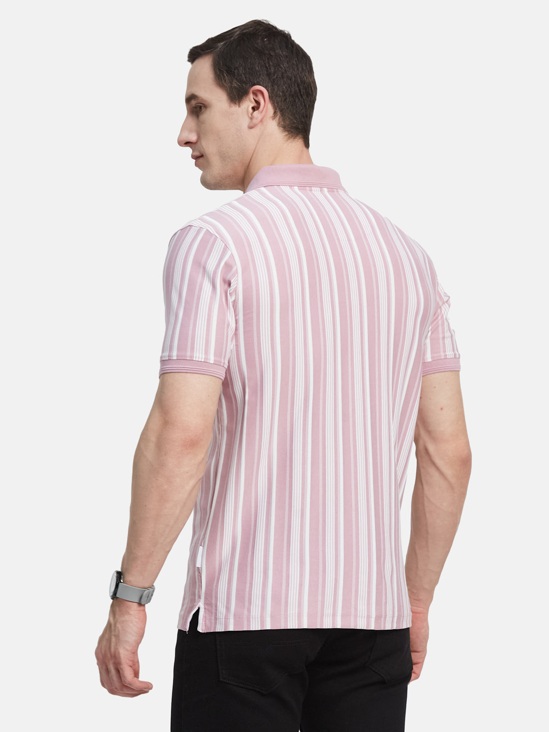 VERTICAL STRIPE POLO NECK T-SHIRT