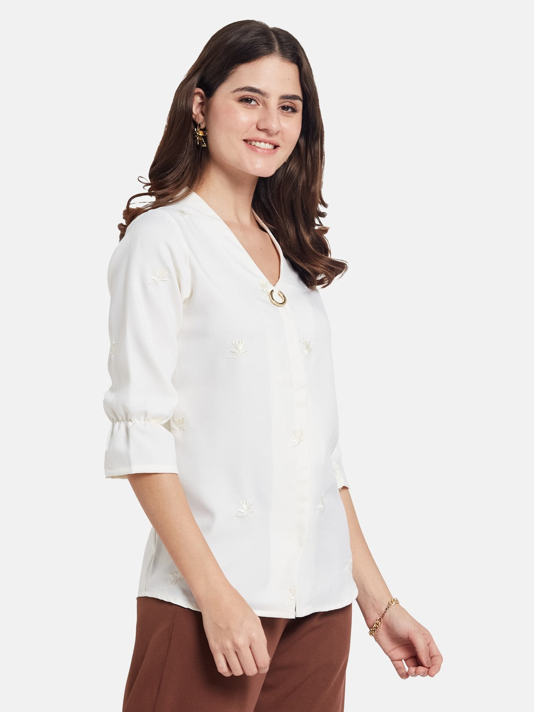 METTLE Floral Embroidered V-Neck Shirt Style Cotton Top