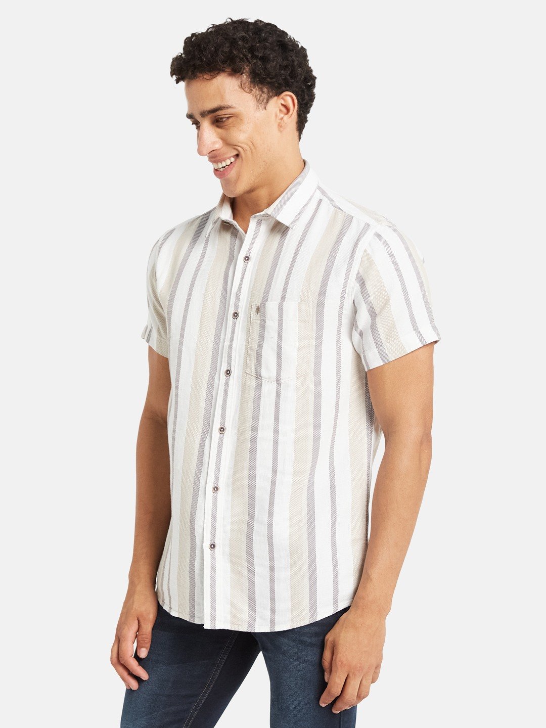 METTLE Striped Short Sleeves Spread Collar Cotton Opaque Regular Fit Casual Shirt