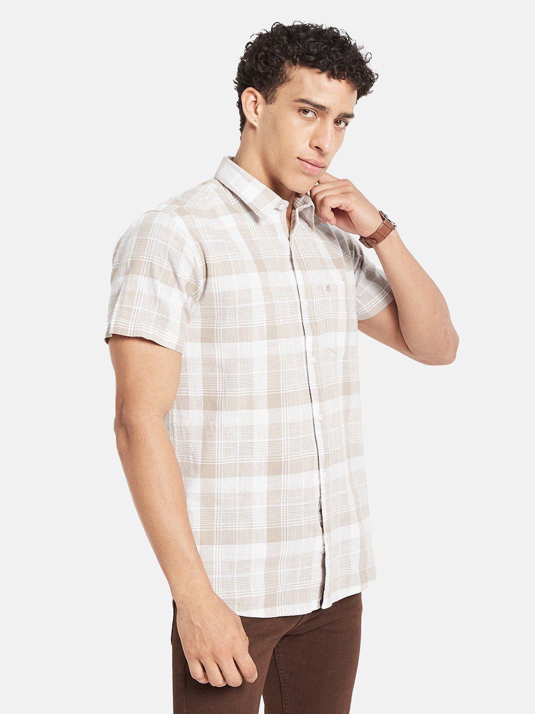 METTLE Men Tartan Checked Spread Collar Cotton Casual Shirt