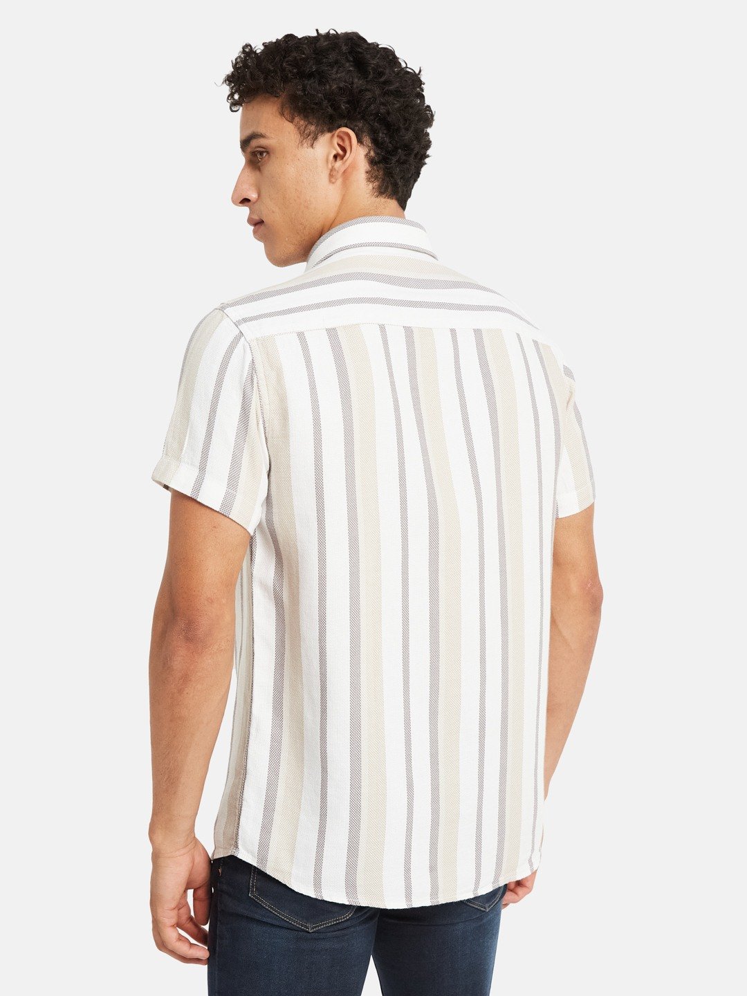 METTLE Striped Short Sleeves Spread Collar Cotton Opaque Regular Fit Casual Shirt