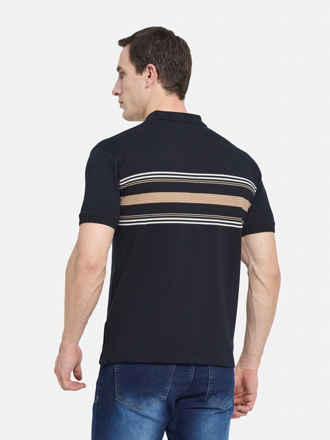 HORIZONTAL STRIPE POLO NECK POPCORN KNIT T-SHIRT