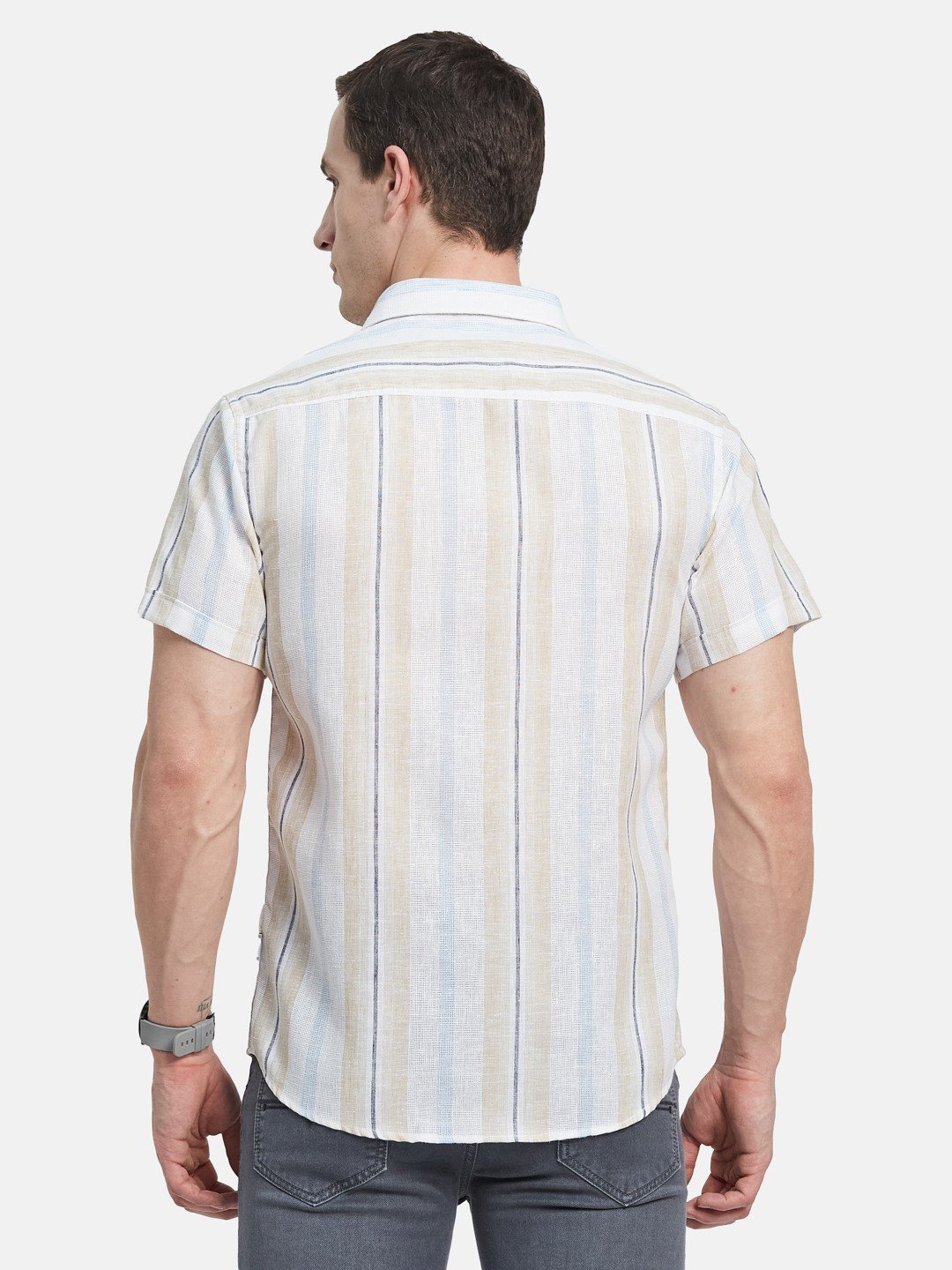 METTLE Men Spread Collar Vertical Striped Cotton Casual Shirt