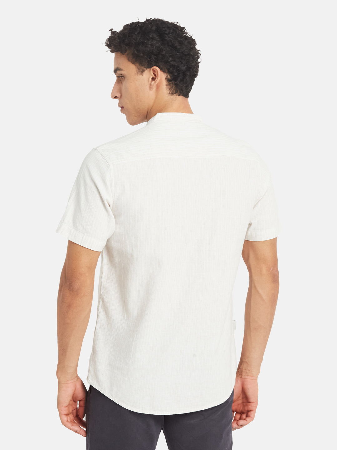 METTLE Striped Short Sleeves Mandarin Collar Cotton Opaque Regular Fit Casual Shirt