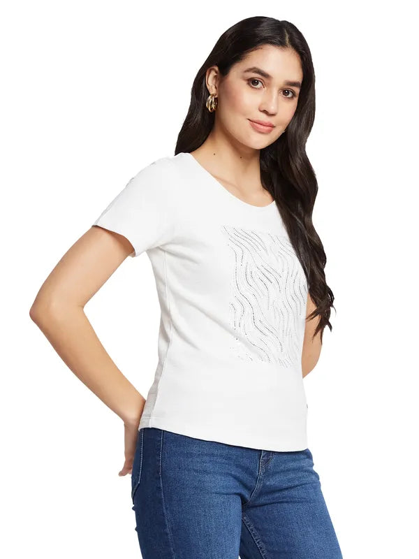 Mettle Women Round Neck Embellished T-Shirt