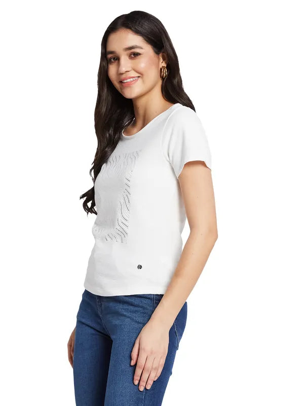 Mettle Women Round Neck Embellished T-Shirt