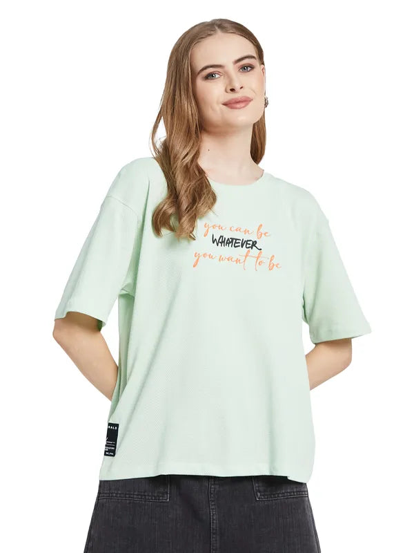 Mettle Women Typography Mandarin Collar Drop-Shoulder Sleeves T-Shirt