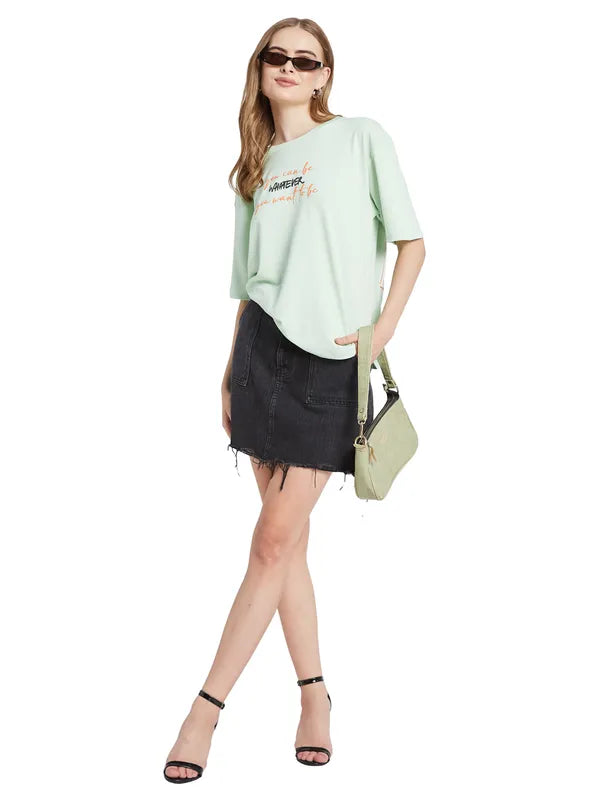 Mettle Women Typography Mandarin Collar Drop-Shoulder Sleeves T-Shirt