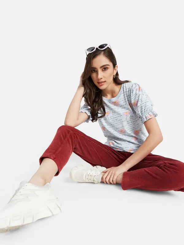 All Over Printed Top With Puffed Sleeve