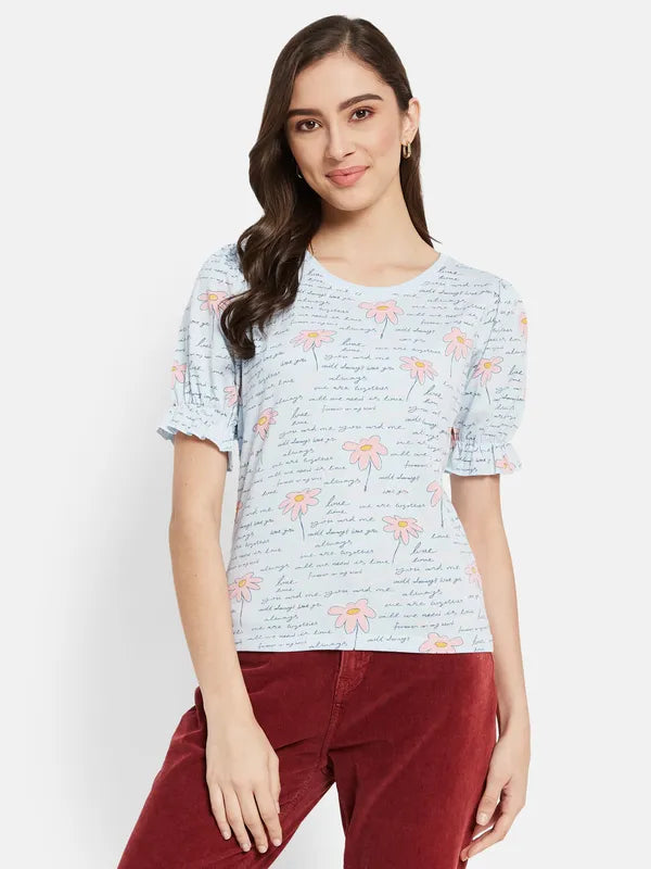 All Over Printed Top With Puffed Sleeve