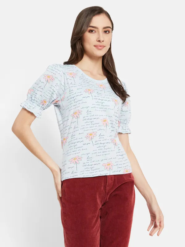 All Over Printed Top With Puffed Sleeve