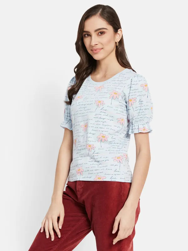 All Over Printed Top With Puffed Sleeve