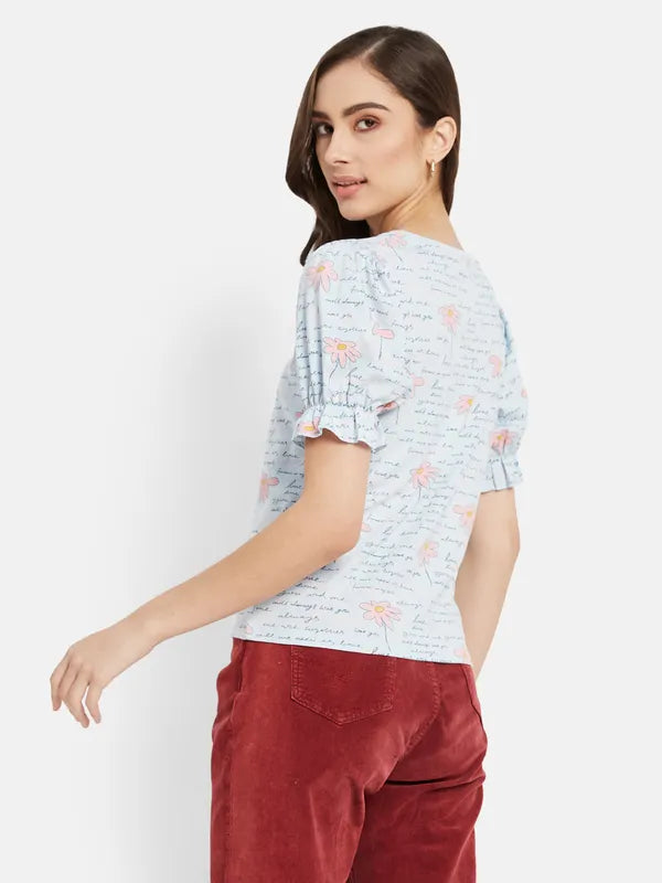 All Over Printed Top With Puffed Sleeve