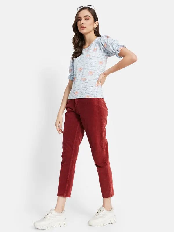 All Over Printed Top With Puffed Sleeve