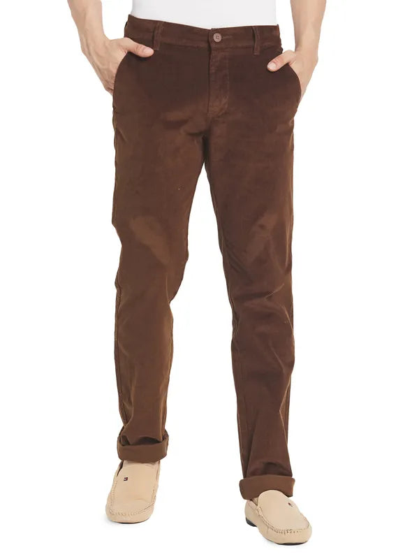 Octave Men Brown Solid Cotton Chinos Trousers