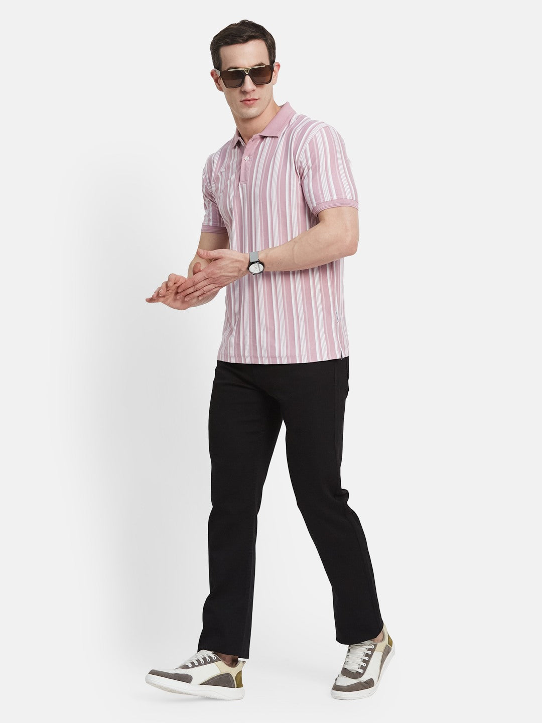 VERTICAL STRIPE POLO NECK T-SHIRT