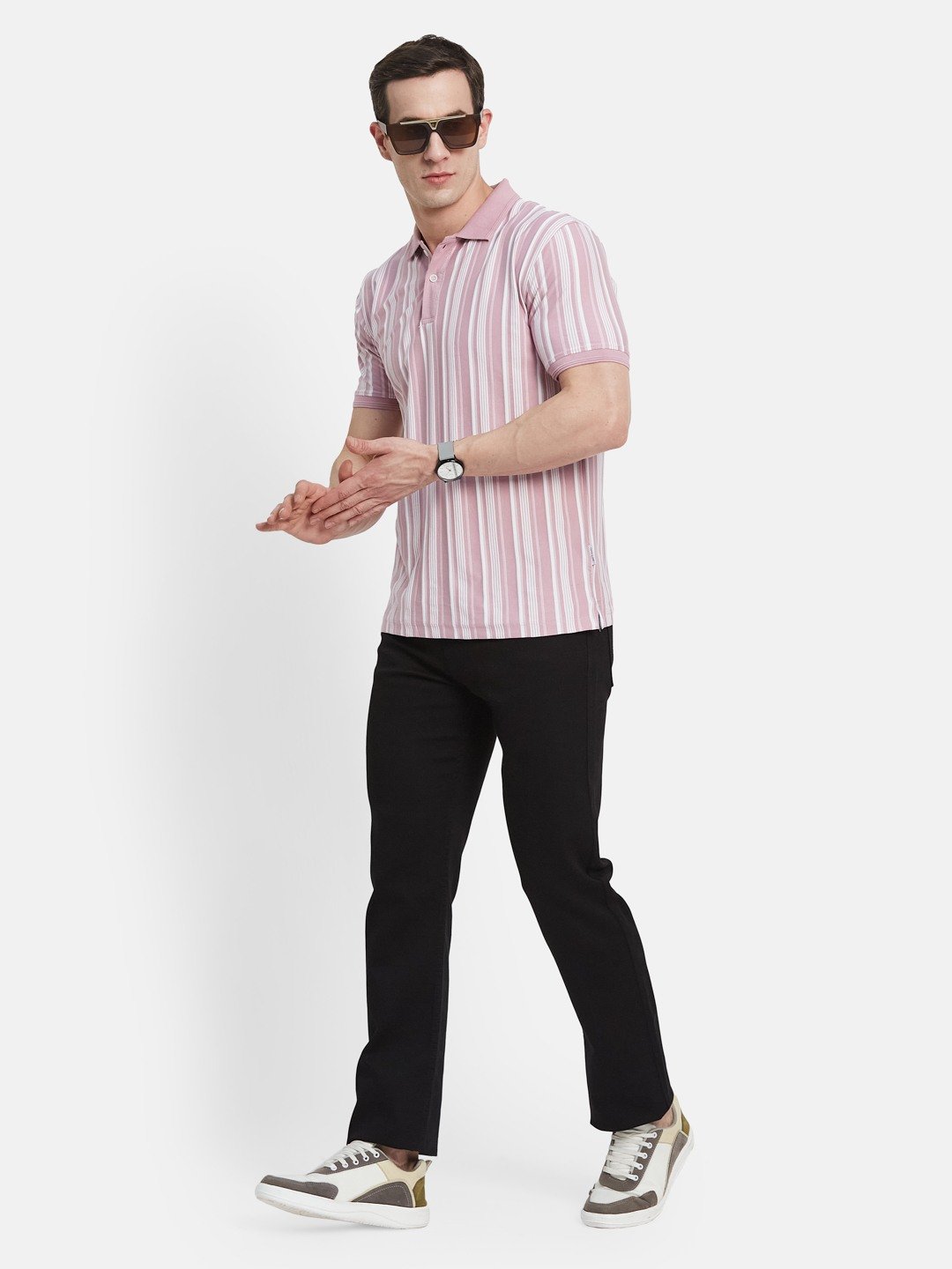 VERTICAL STRIPE POLO NECK T-SHIRT