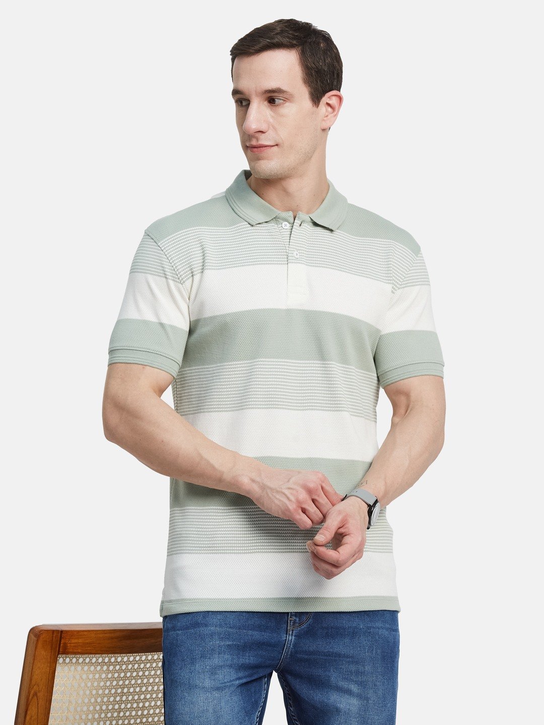 HORIZONTAL STRIPE POLO NECK POPCORN KNIT T-SHIRT