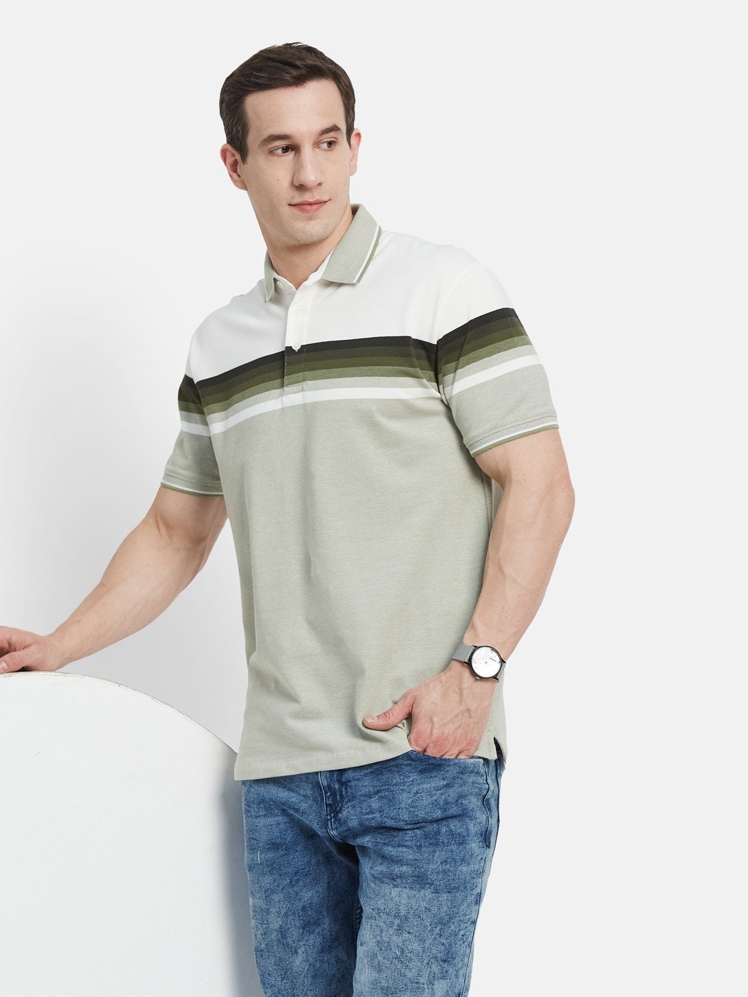HORIZONTAL STRIPE POLO NECK PIQUE LYCRA T-SHIRT