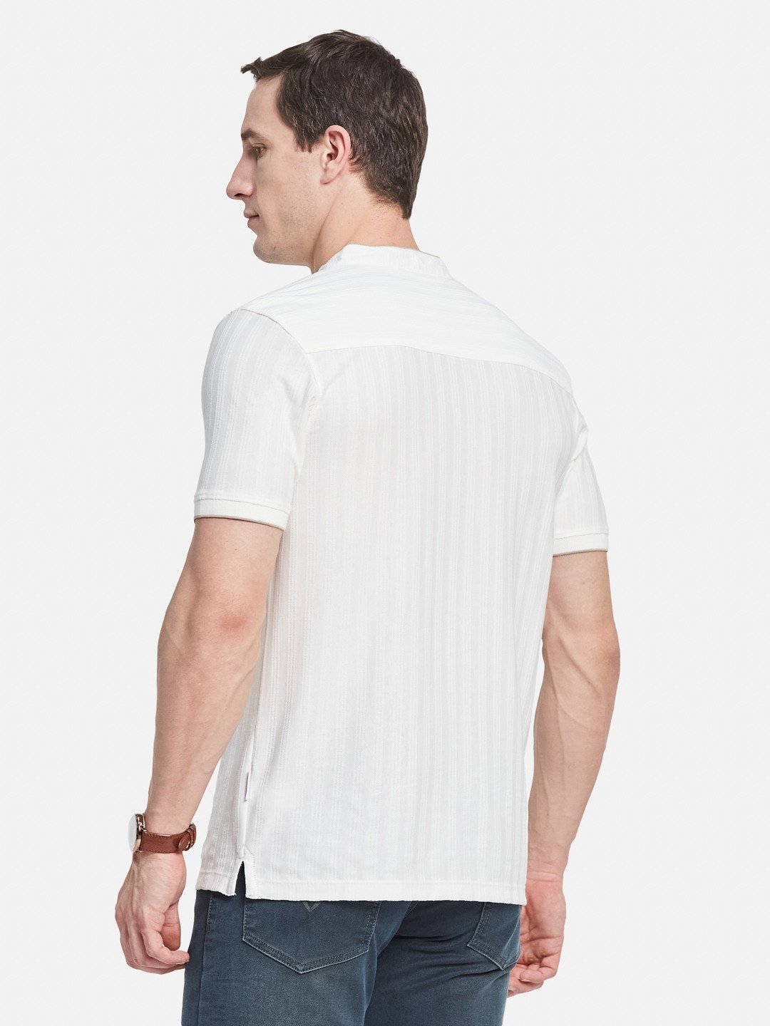 Octave Men Striped Mandarin Collar Monochrome T-shirt