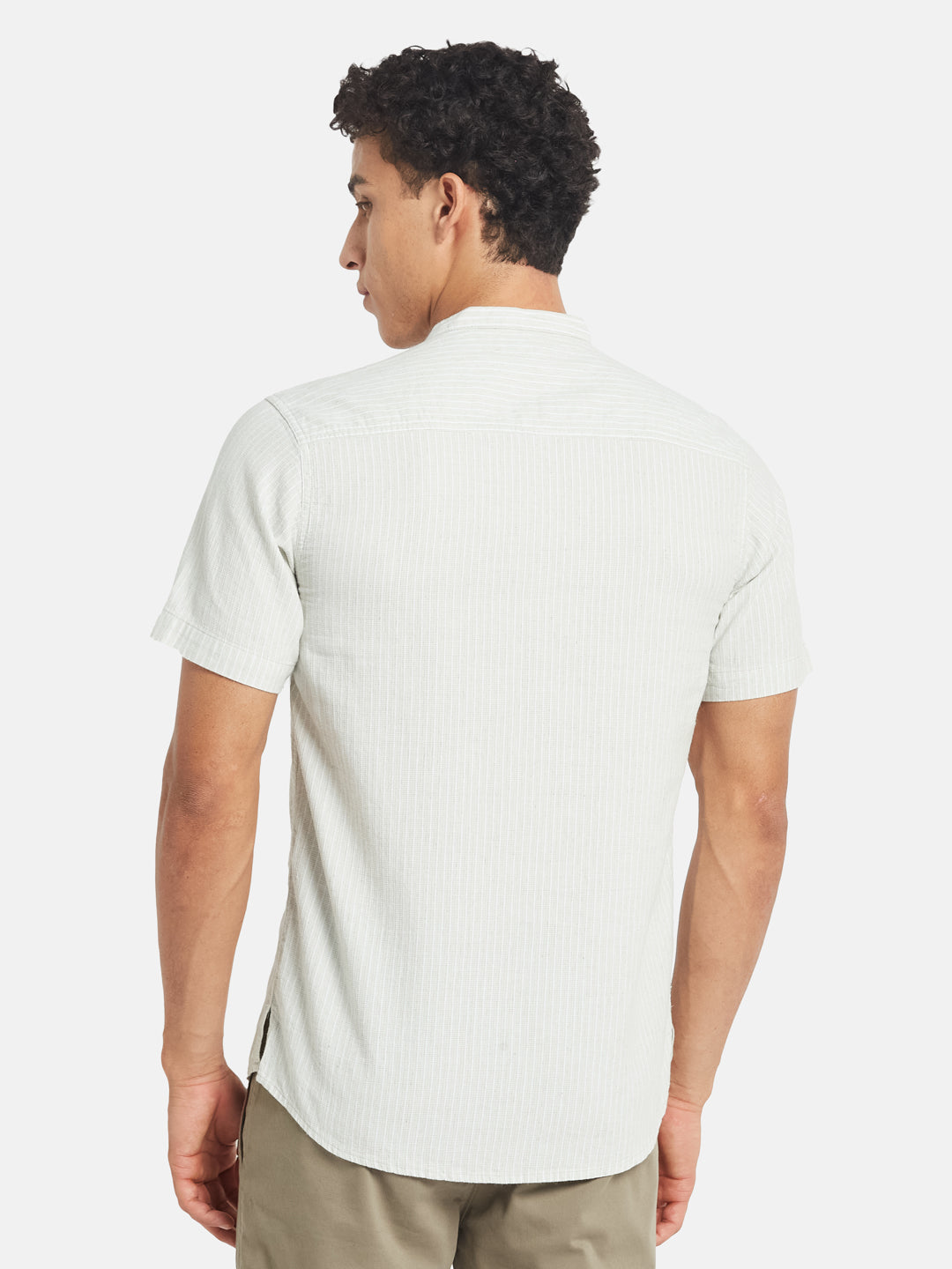 METTLE SS25 Vertical Striped Mandarin Collar Cotton Casual Shirt