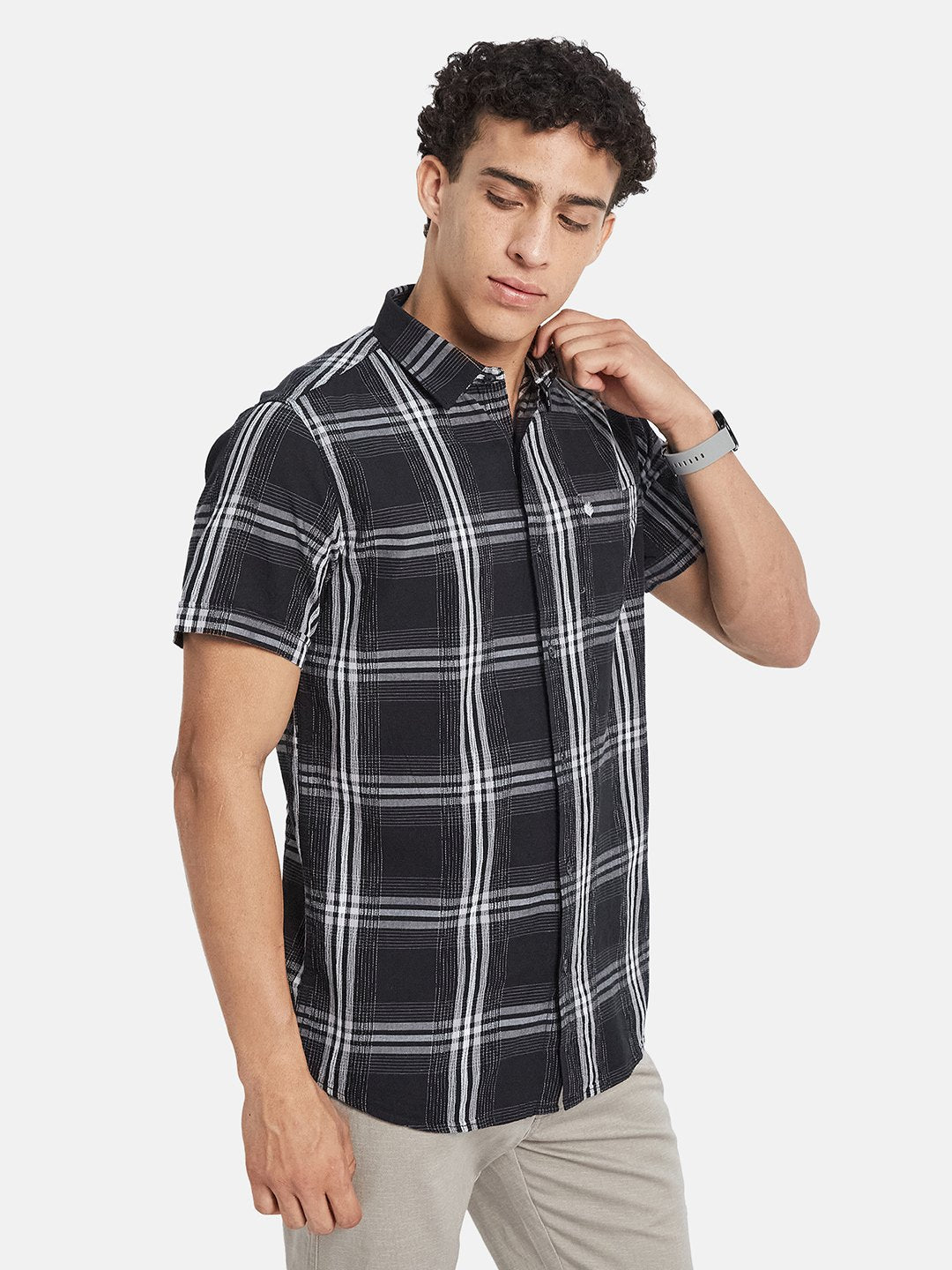 METTLE SS25 Checked Spread Collar Cotton Casual Shirt