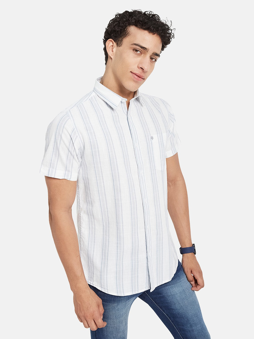 METTLE Striped Short Sleeves Spread Collar Cotton Opaque Regular Fit Casual Shirt