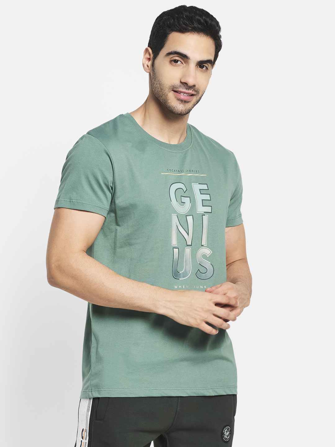 Octave Men Olive Green Typography Printed Raw Edge T-Shirt