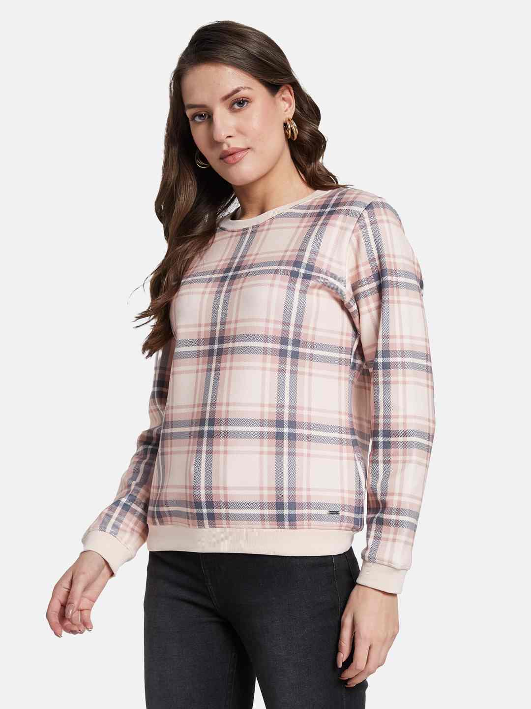 METTLE Women Checked Round Neck Long Sleeves Sweatshirt